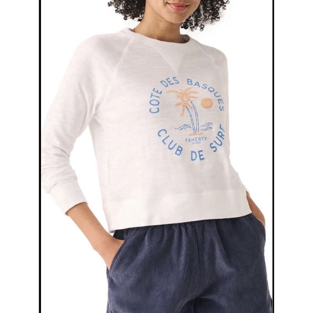 FAHERTY BRAND White Organic Cotton Slub Raglan Cropped Sweatshirt XXS